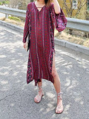 Bohemian Print Midi Dress With Side Slits in Red, front view