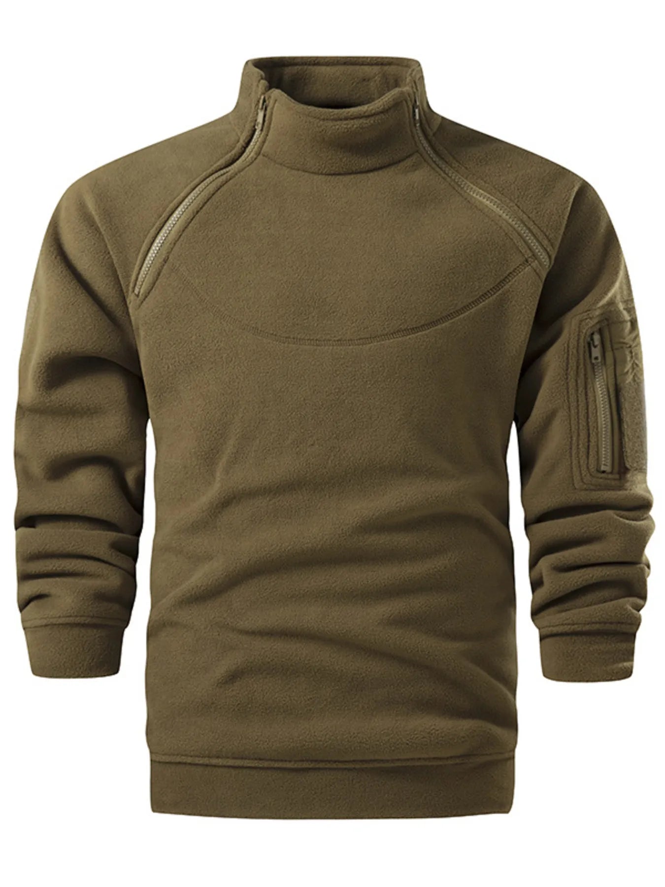 Fleece lined sweatshirt in military green with mock neck, quarter zip, and zippered chest pocket.
