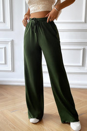 Textured rib wide-leg drawstring trousers in dark blue with a relaxed fit and comfortable elastic waistband.