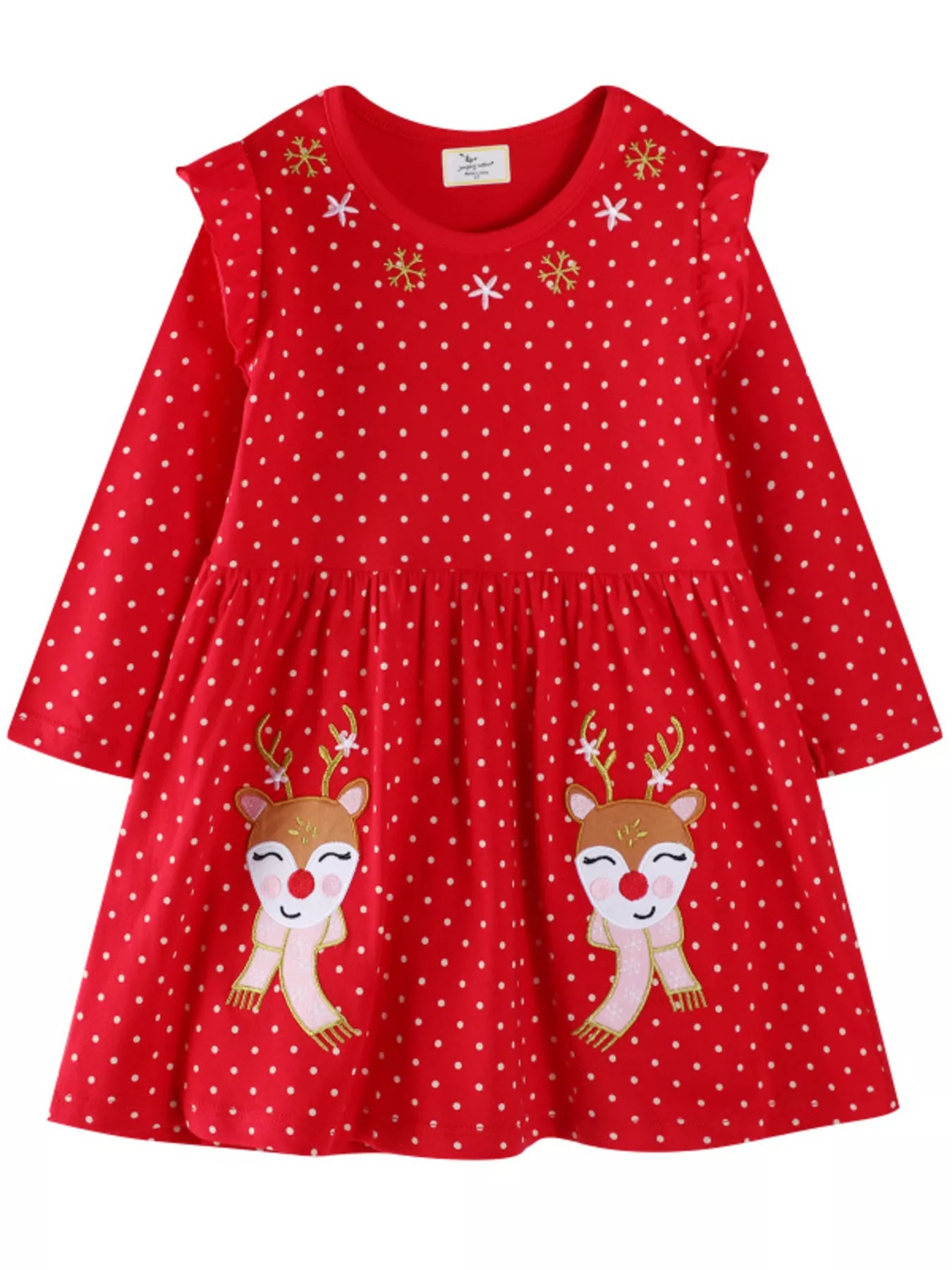 Red polka dot long sleeve baby dress with cute reindeer applique and ruffled shoulders.