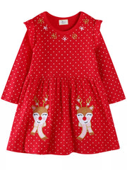 Red polka dot long sleeve baby dress with cute reindeer applique and ruffled shoulders.