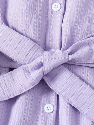 Children's Ruffled Bow Long Sleeve Dress in Light Purple, close-up detail
