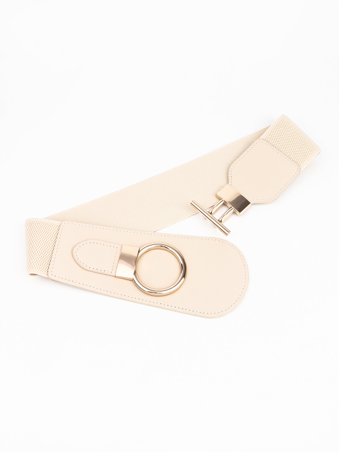 Cream elastic waist belt with gold ring and T-bar buckle closure