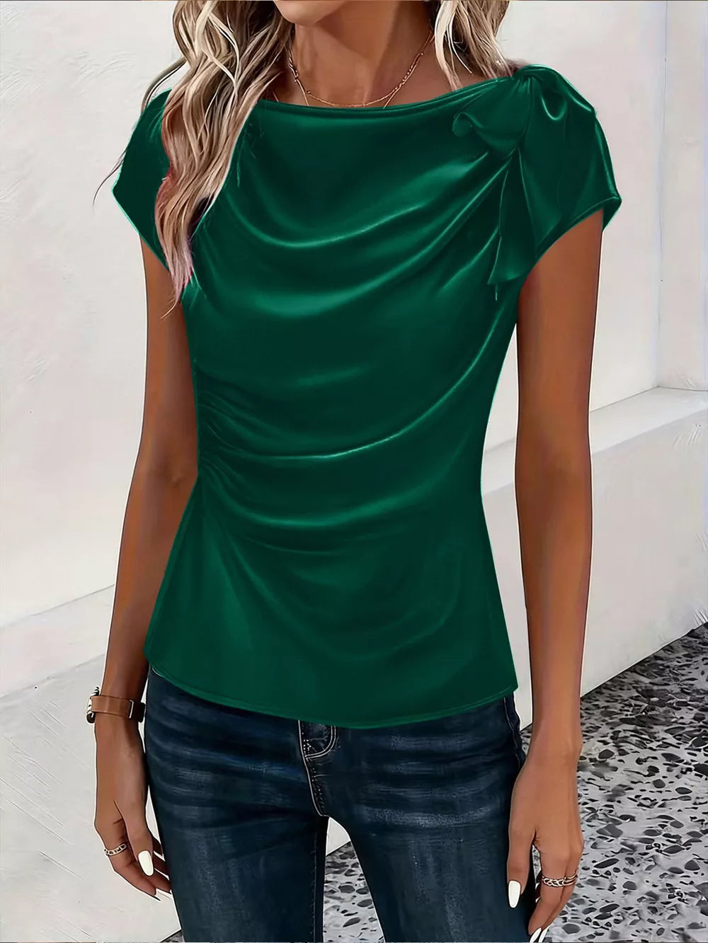 Ruched Short Sleeve Satin Top in Brown, back view