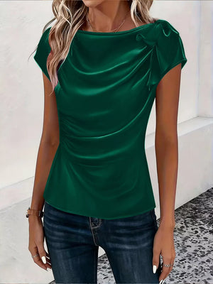 Ruched Short Sleeve Satin Top in Brown, back view