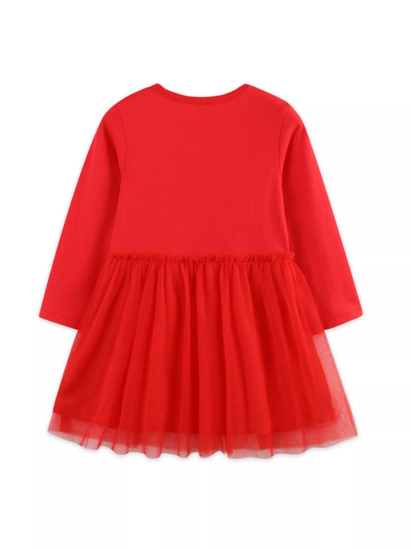 Red children's long sleeve cotton dress with gathered tulle skirt.