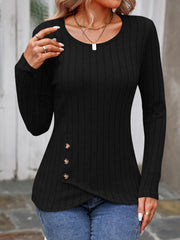 Black ribbed round neck long sleeve top with button detail