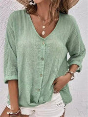 Full Size Casual V-neck Button-down Blouse in Blue, model styling view