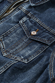 Dark blue denim jacket with zipper and buttoned chest pocket detail