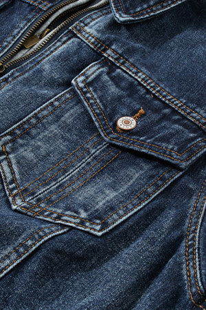 Dark blue denim jacket with zipper and buttoned chest pocket detail