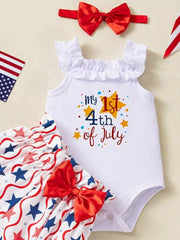 White baby bodysuit with "my 1st 4th of July" graphic and ruffled neckline, paired with star-print bloomer shorts and red
