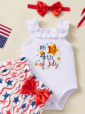 White baby bodysuit with "my 1st 4th of July" graphic and ruffled neckline, paired with star-print bloomer shorts and red