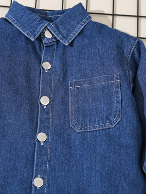 Children's Denim Shirt And Joggers Set in Blue, close-up detail
