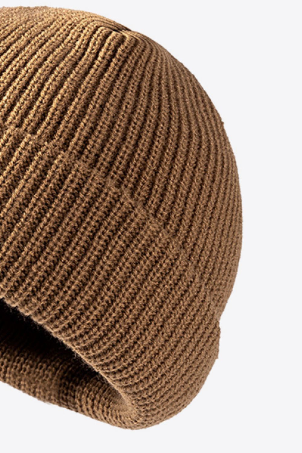 Brown ribbed knit beanie with folded edge detail