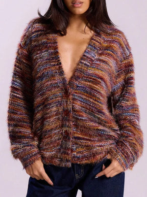 Cozy textured knit cardigan with buttons in a multi-color stripe pattern.