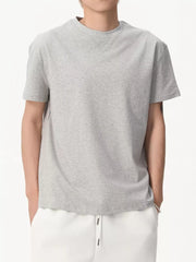 Classic round neck casual tee in Hemp Ash cotton spandex with short sleeves and a relaxed fit.