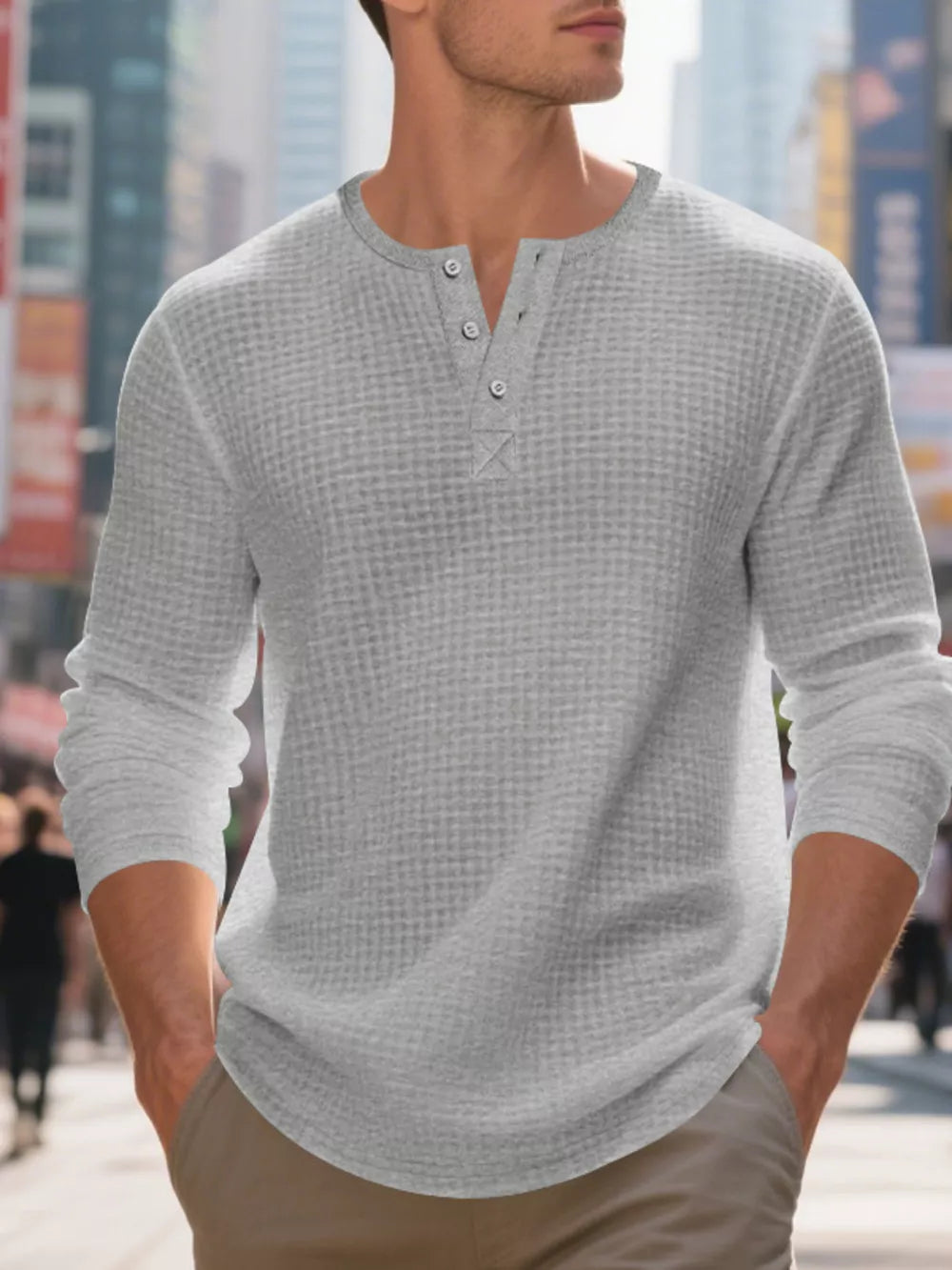 Light Gray waffle knit henley long sleeve t-shirt with button placket.