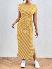 Elegant Striped Midi Dress With Tie Detail