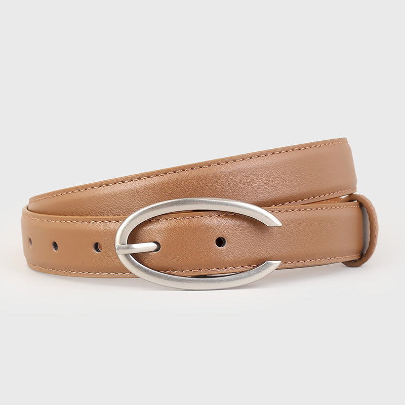 Coffee brown leather belt with oval silver buckle and stitched detail