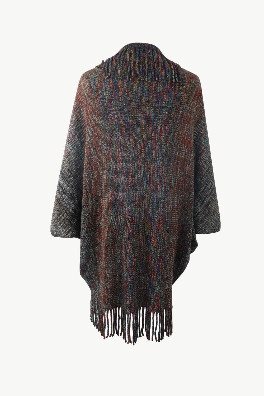 Textured stripe fringe cape in multicolor knit with fringe trim.