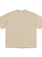 Tan boxy tee with raw hem and relaxed fit.