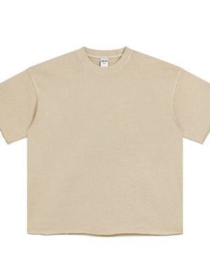 Tan boxy tee with raw hem and relaxed fit.