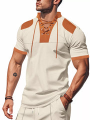 Men's white short sleeve tee with lace-up neckline and brown accents.