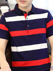 Men's navy, red, and white striped cotton polo shirt with buttoned collar.