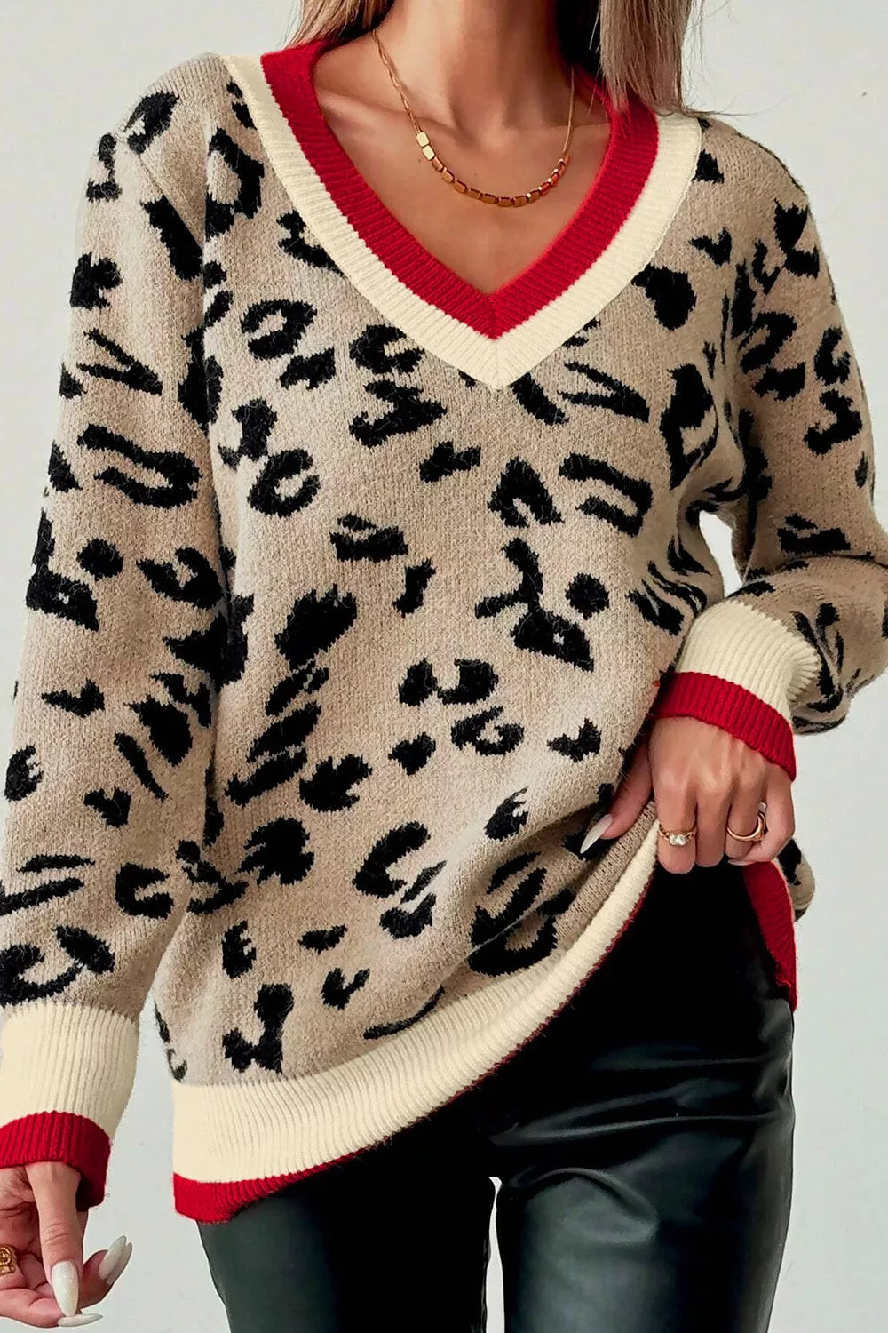 Leopard Pattern V-neck Ribbed Sweater in Leopard, close-up detail