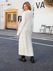 Longline knit collar cardigan in white acrylic with long sleeves and a relaxed fit.