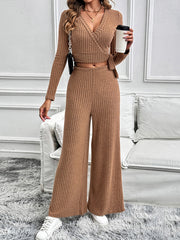 Caramel ribbed wrap top and wide leg pants set with tie detail.