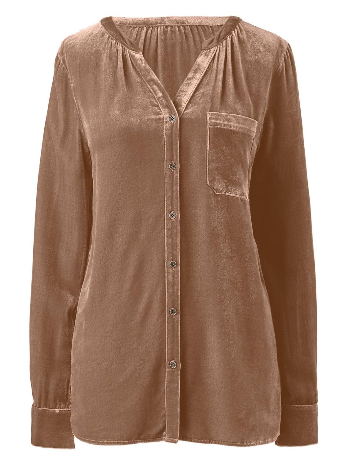 Velvet gathered yoke blouse in Camel with button front and chest pocket.