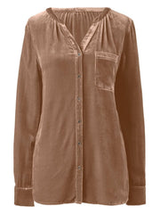 Velvet gathered yoke blouse in Camel with button front and chest pocket.