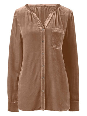 Velvet gathered yoke blouse in Camel with button front and chest pocket.