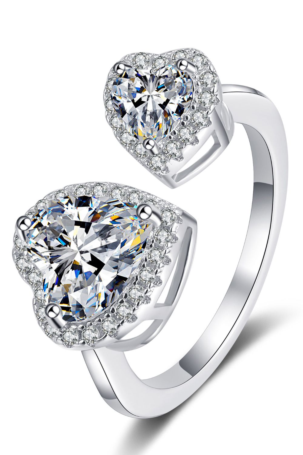 Silver double heart halo ring with clear cubic zirconia stones
