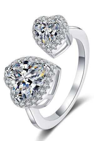 Silver double heart halo ring with clear cubic zirconia stones