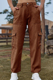 Brown utility cargo pants with multiple pockets and a relaxed fit.