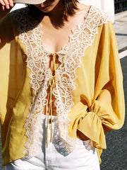 Sheer Lace-trimmed Front Tie Blouse in Khaki, close-up detail