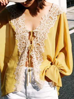 Sheer Lace-trimmed Front Tie Blouse in Khaki, close-up detail