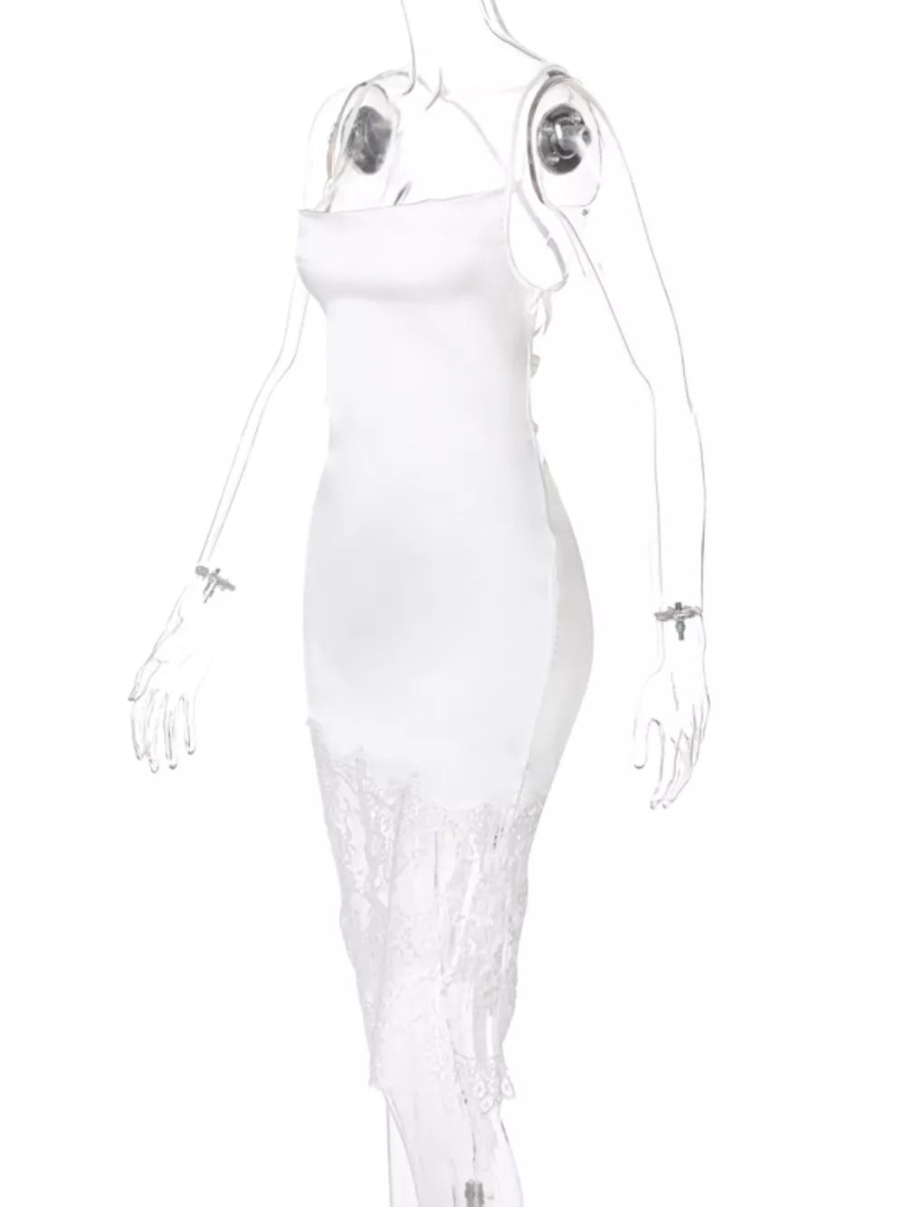 White satin slip dress with lace trim hem and spaghetti straps.