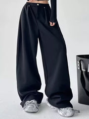 Black wide-leg sweatpants with adjustable waist and relaxed fit.