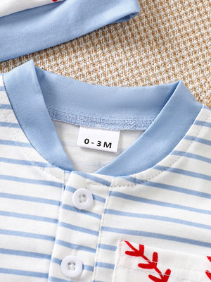 Baby bodysuit with blue stripes, white buttons, and baseball embroidery detail.