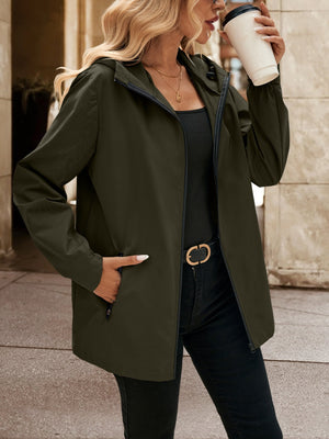 Army green zip-through hooded jacket with zip pockets and a relaxed fit.