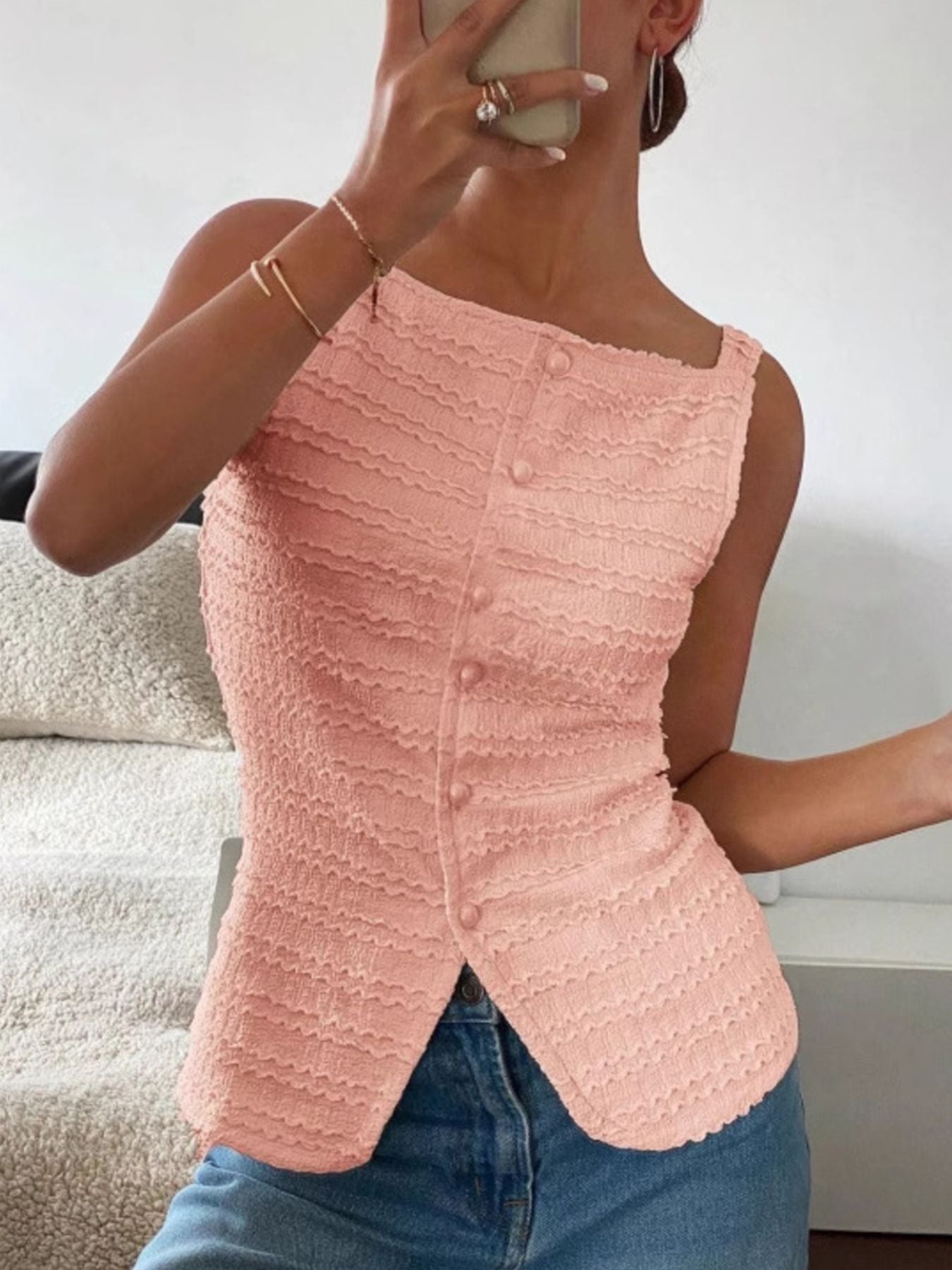 Pink wavy textured button-front tank top with square neckline