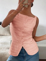 Pink wavy textured button-front tank top with square neckline