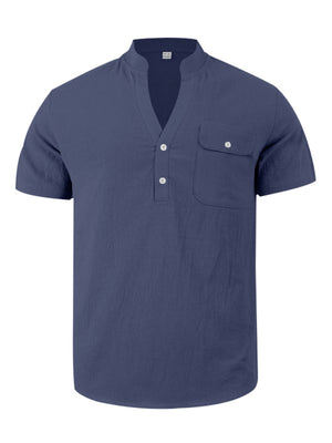 Navy blue cotton short sleeve henley shirt with band collar and chest pocket.