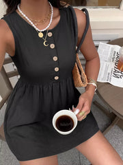 Black cotton A-line dress with button detail and scoop neck