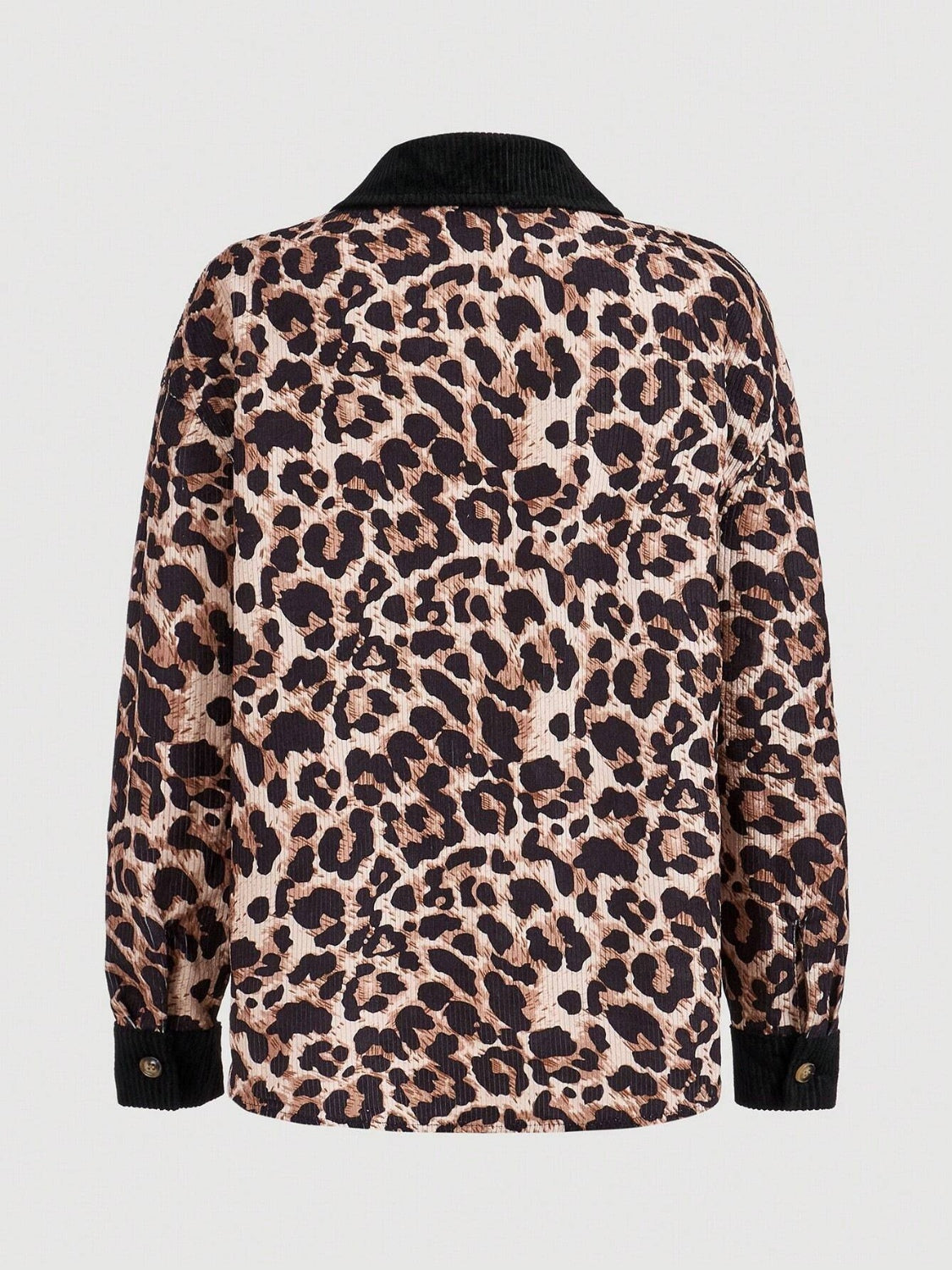 Leopard corduroy utility shirt jacket with black corduroy collar and cuffs.