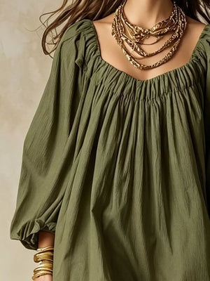 Flowy Balloon Sleeve Mini Dress in Army Green, back view