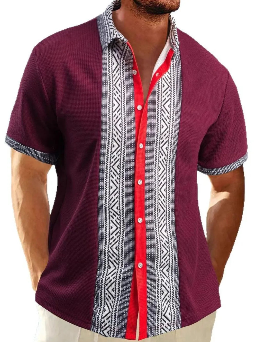 Burgundy textured Cuban shirt with geometric panel detail and red placket.